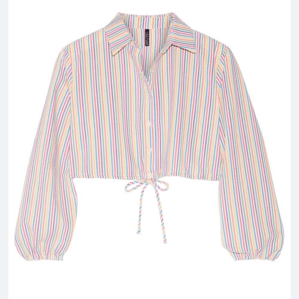 🌟LISA MARIE FERNANDEZ🌟STRIPED CROPPED SEERSUCKER BUTTON DOWN SHIRT SZ 2 OR S